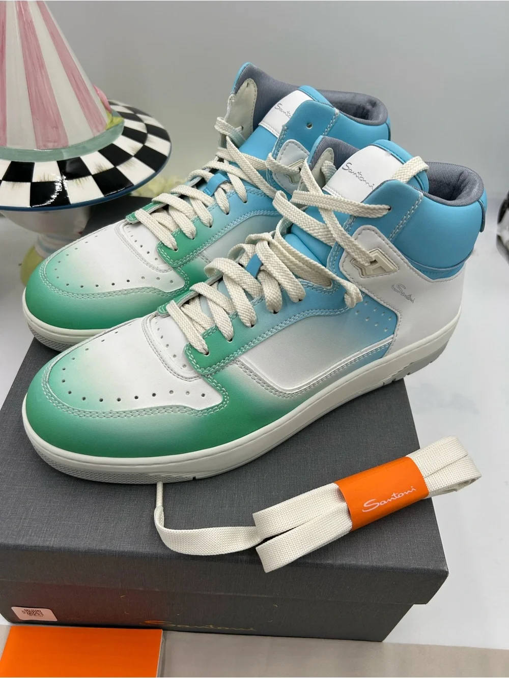 Men's Santoni Men's High-Top Sneakers in Green, Blue & White size 11 made Italy - Picture 3 of 9
